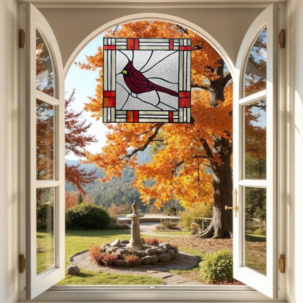 Tiffany Style Red Cardinal Stained Glass Window Panel Suncatcher 11x11in