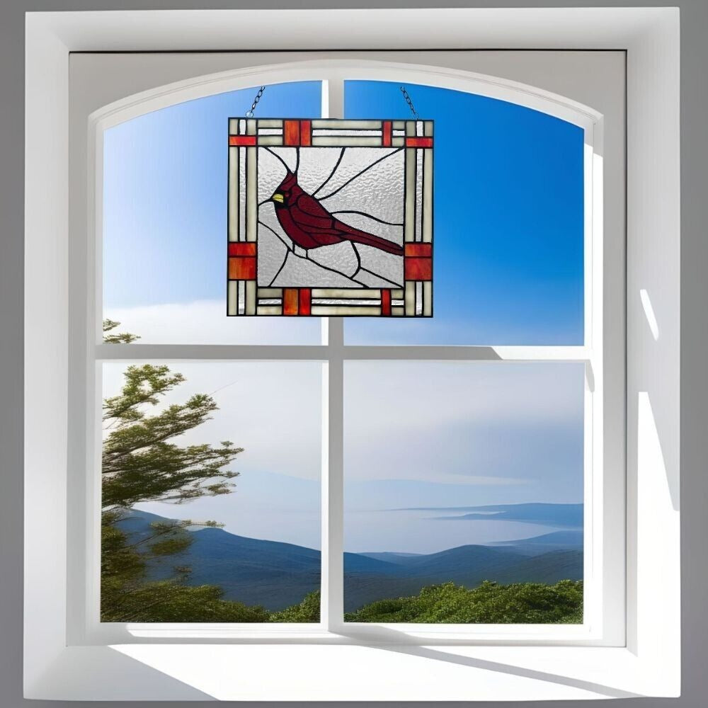 Tiffany Style Red Cardinal Stained Glass Window Panel Suncatcher 11x11in