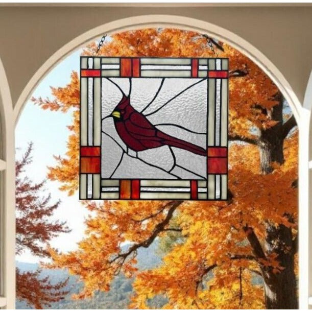 Tiffany Style Red Cardinal Stained Glass Window Panel Suncatcher 11x11in