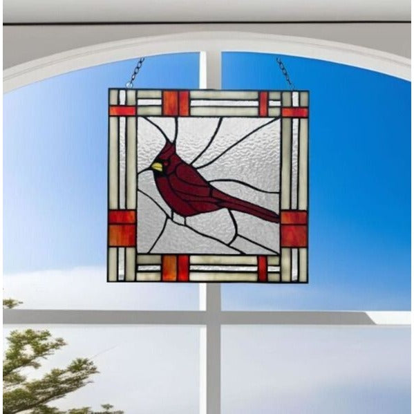 Tiffany Style Red Cardinal Stained Glass Window Panel Suncatcher 11x11in