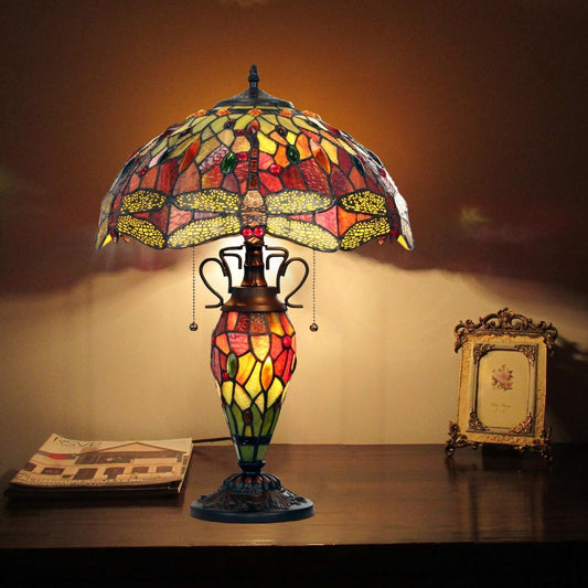 Victorian Red Dragonfly Tiffany Style Stained Glass Table Lamp With Lit Base