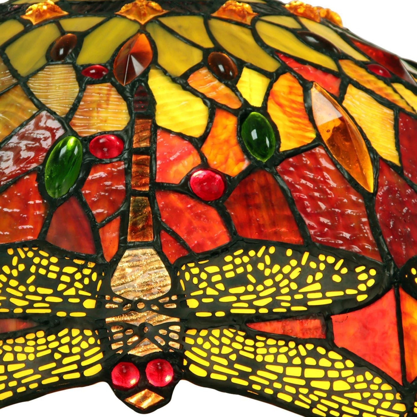 Victorian Red Dragonfly Tiffany Style Stained Glass Table Lamp With Lit Base