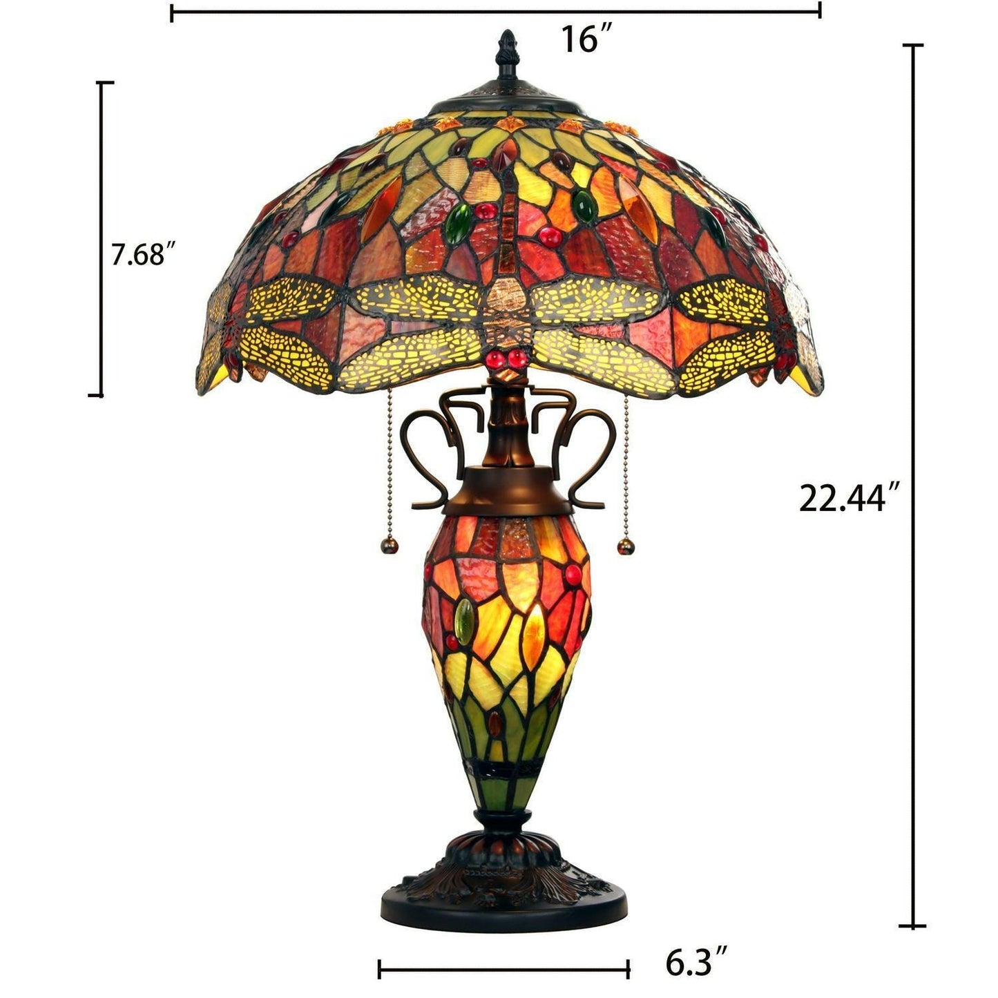 Victorian Red Dragonfly Tiffany Style Stained Glass Table Lamp With Lit Base