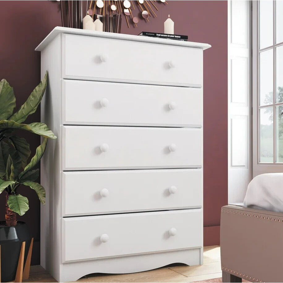 White Finish Wide 5 Drawer Dresser 100% Solid Wood Chest Of Drawers