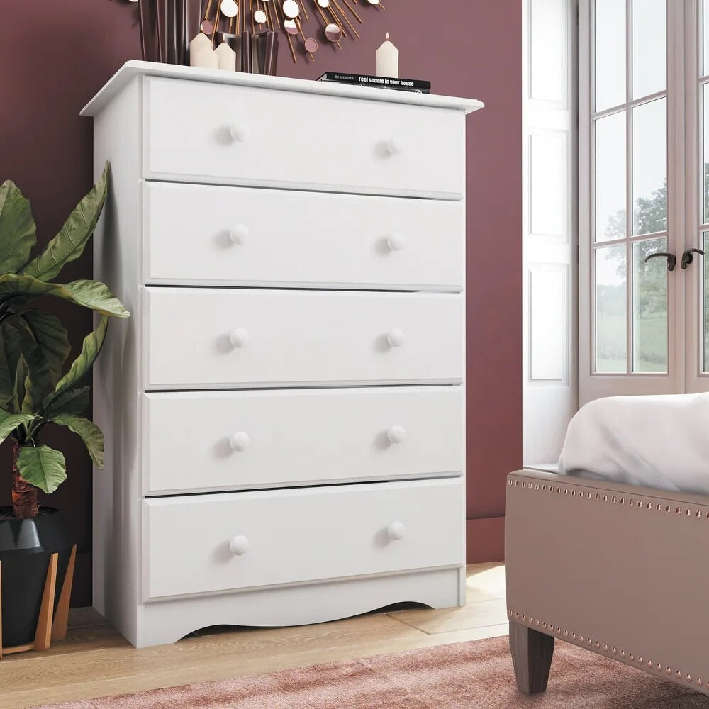 White Finish Wide 5 Drawer Dresser 100% Solid Wood Chest Of Drawers