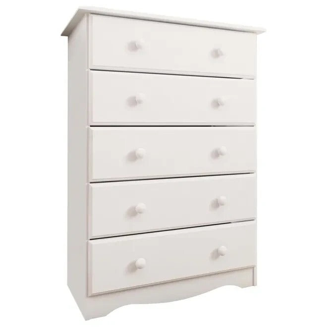White Finish Wide 5 Drawer Dresser 100% Solid Wood Chest Of Drawers