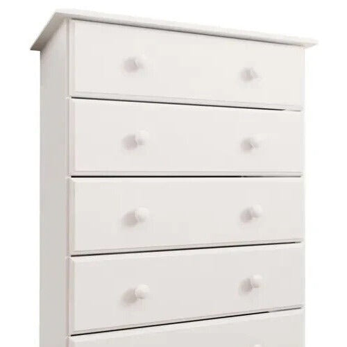 White Finish Wide 5 Drawer Dresser 100% Solid Wood Chest Of Drawers
