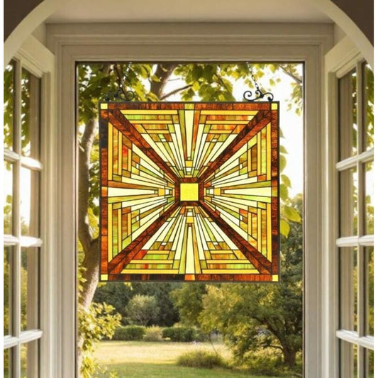 Mission Stained Glass Art Window Panel Suncatcher Warm Amber Gold Tones 24x24in