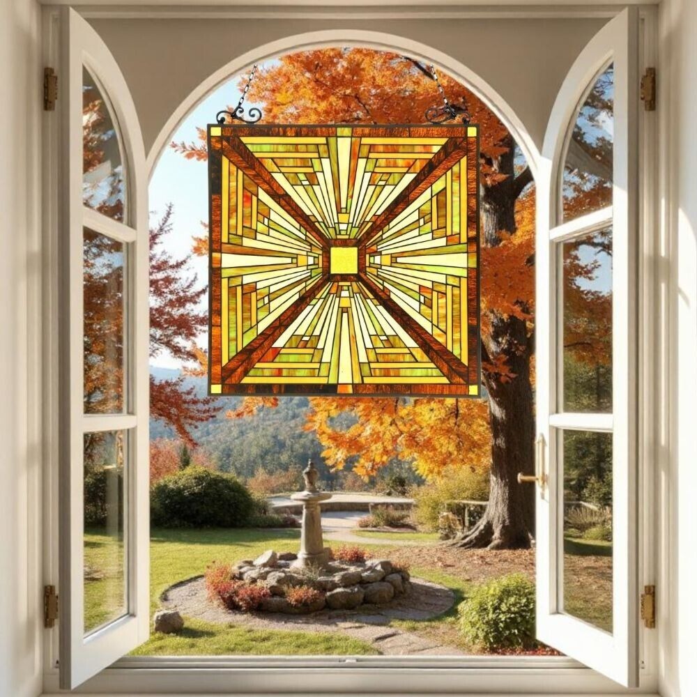 Mission Stained Glass Art Window Panel Suncatcher Warm Amber Gold Tones 24x24in