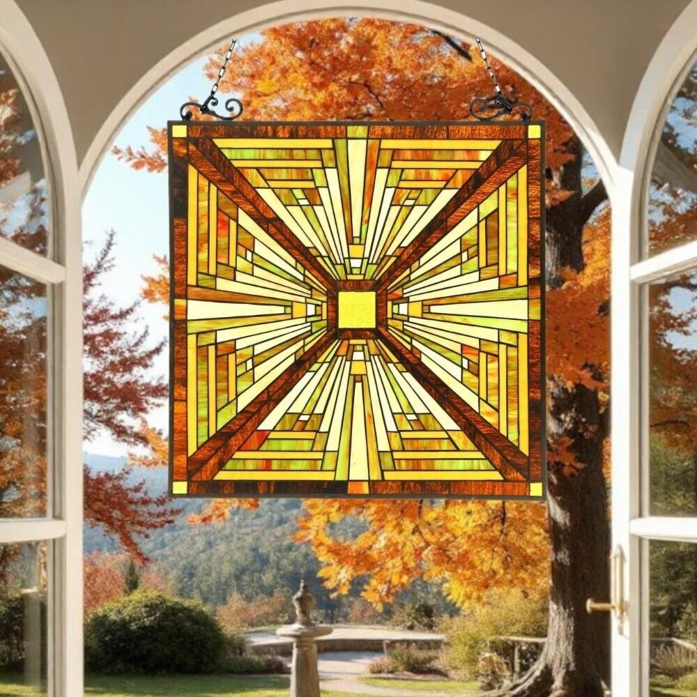 Mission Stained Glass Art Window Panel Suncatcher Warm Amber Gold Tones 24x24in