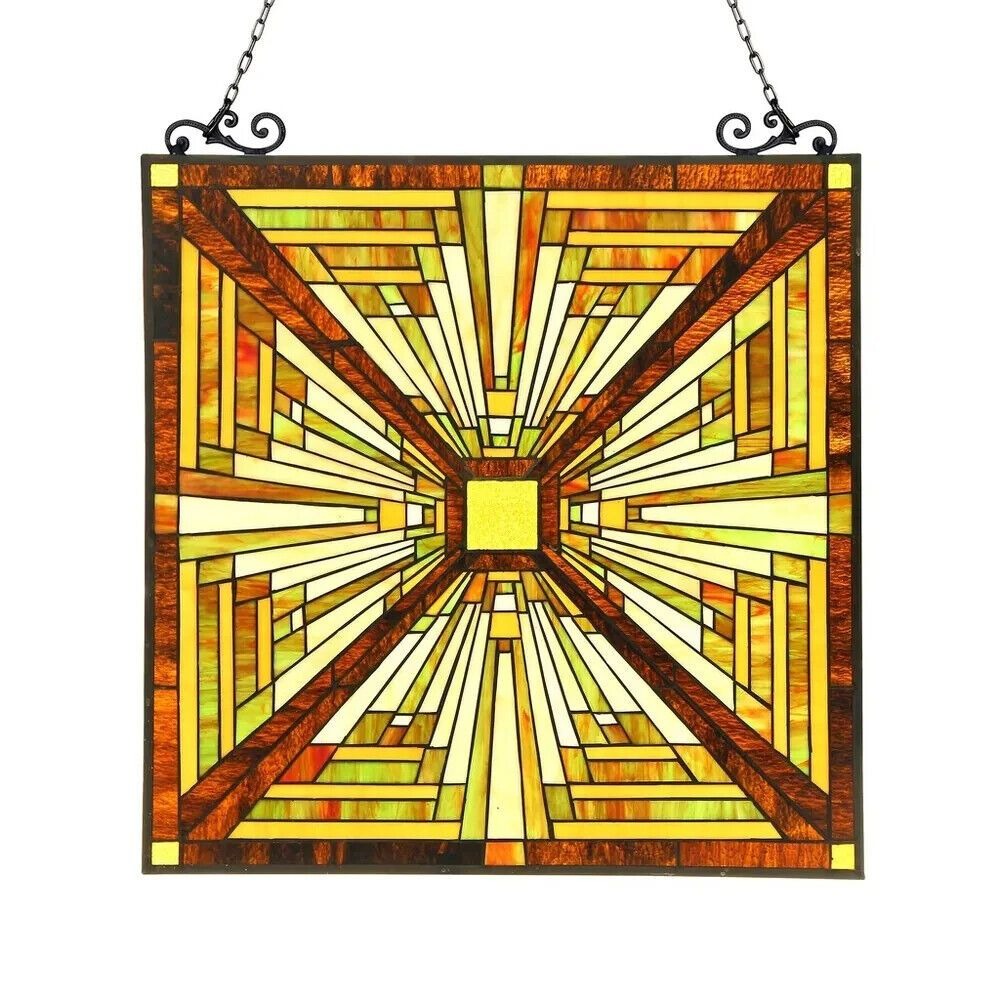 Mission Stained Glass Art Window Panel Suncatcher Warm Amber Gold Tones 24x24in