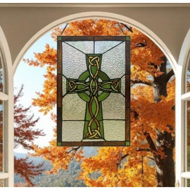 Green Celtic Cross Tiffany Style Stained Glass Suncatcher Window Panel 12x18in