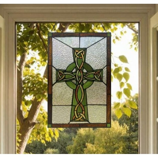 Green Celtic Cross Tiffany Style Stained Glass Suncatcher Window Panel 12x18in