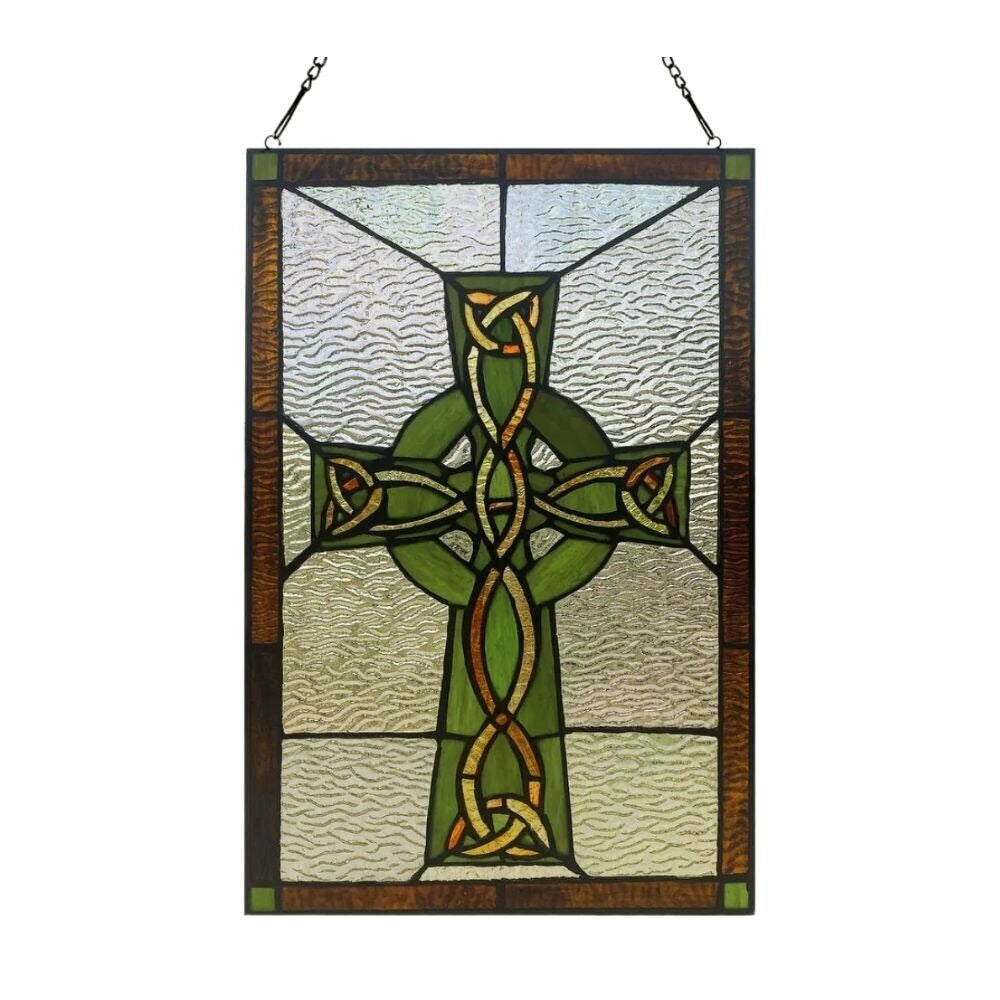 Green Celtic Cross Tiffany Style Stained Glass Suncatcher Window Panel 12x18in