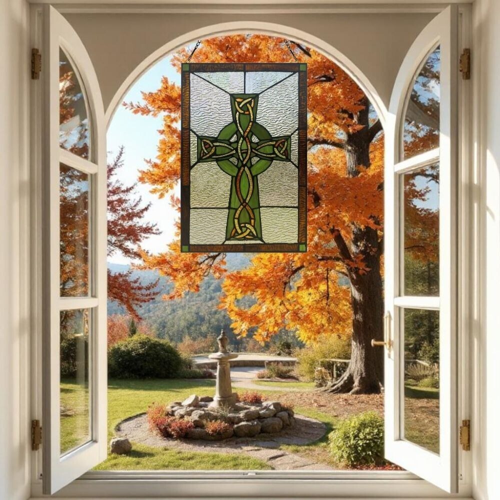 Green Celtic Cross Tiffany Style Stained Glass Suncatcher Window Panel 12x18in