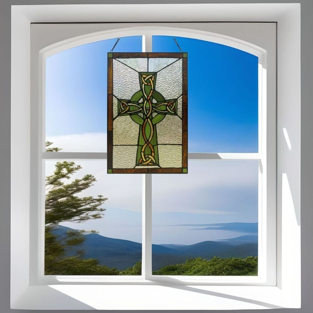 Green Celtic Cross Tiffany Style Stained Glass Suncatcher Window Panel 12x18in