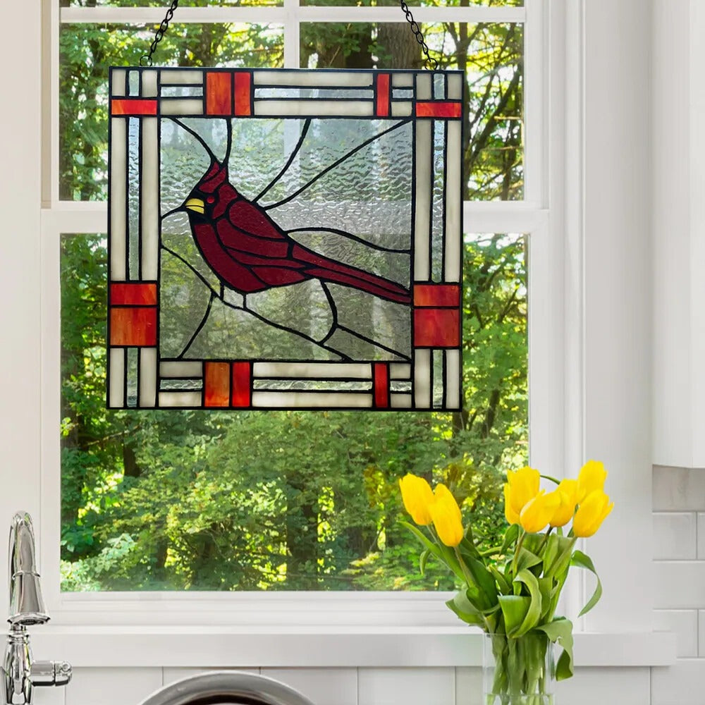 Red Cardinal Stained Glass Window Panel Suncatcher 75 Handcut Pieces 11in x11in