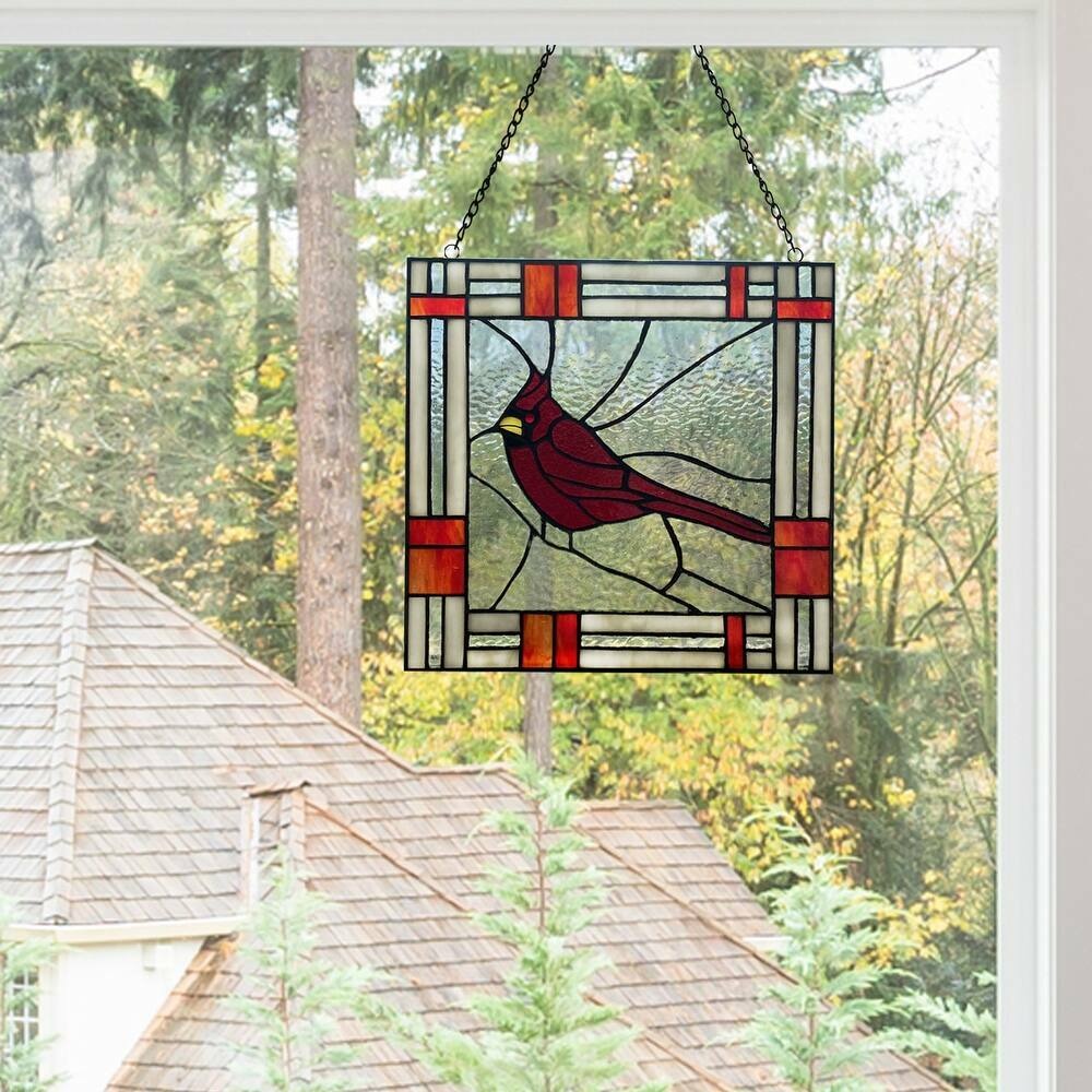 Red Cardinal Stained Glass Window Panel Suncatcher 75 Handcut Pieces 11in x11in