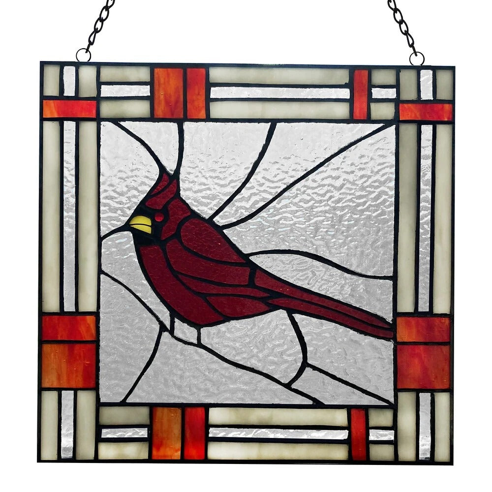 Red Cardinal Stained Glass Window Panel Suncatcher 75 Handcut Pieces 11in x11in
