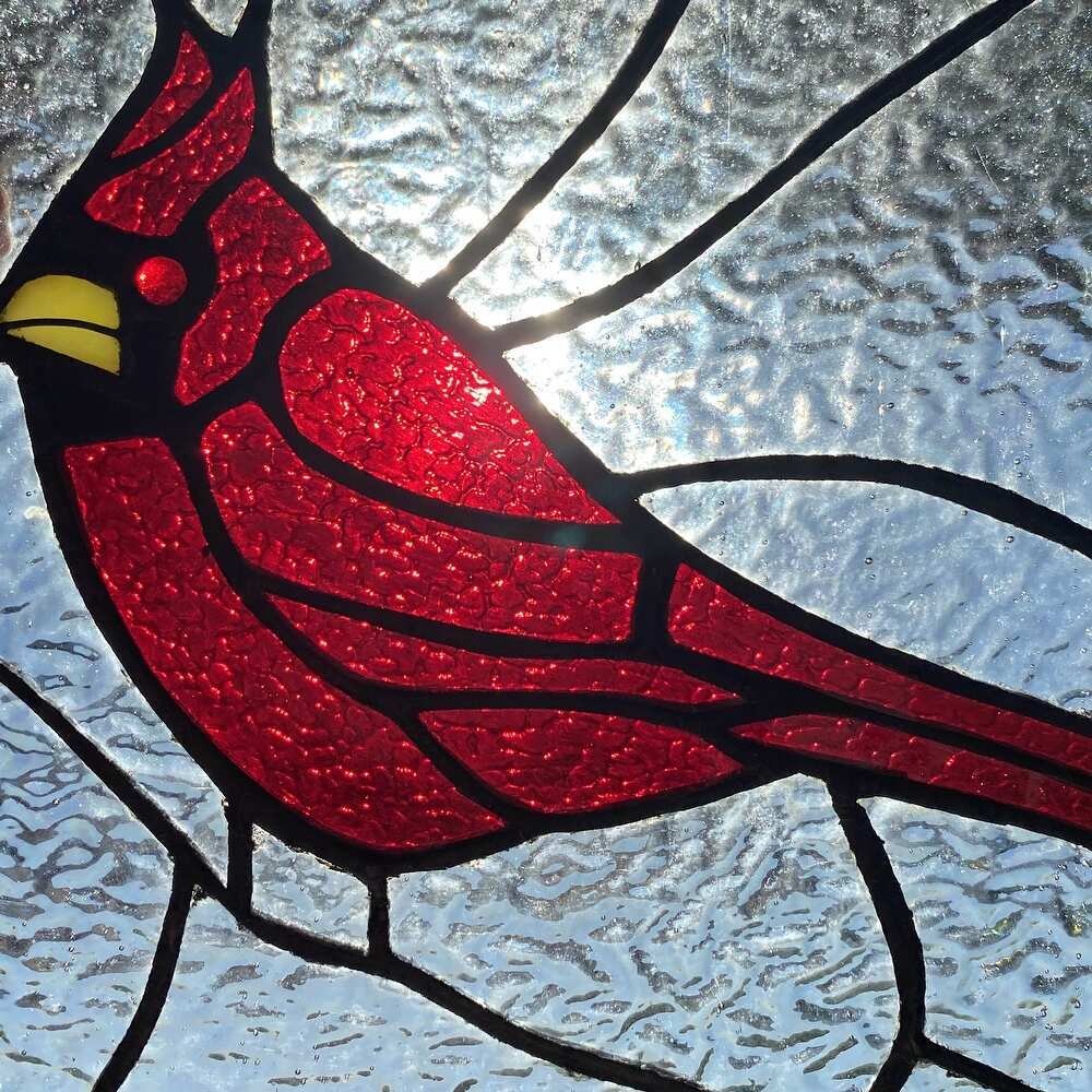 Red Cardinal Stained Glass Window Panel Suncatcher 75 Handcut Pieces 11in x11in