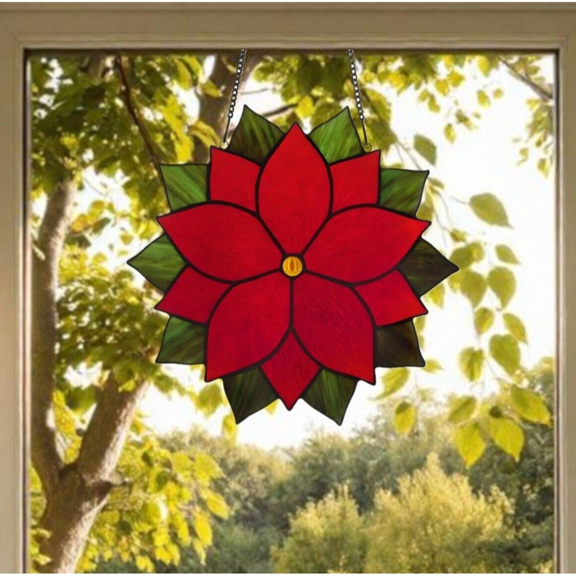 Poinsettia Round Stained Glass Window Panel Suncatcher Red and Green 12in