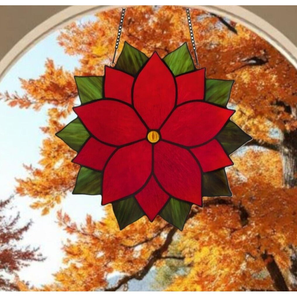 Poinsettia Round Stained Glass Window Panel Suncatcher Red and Green 12in