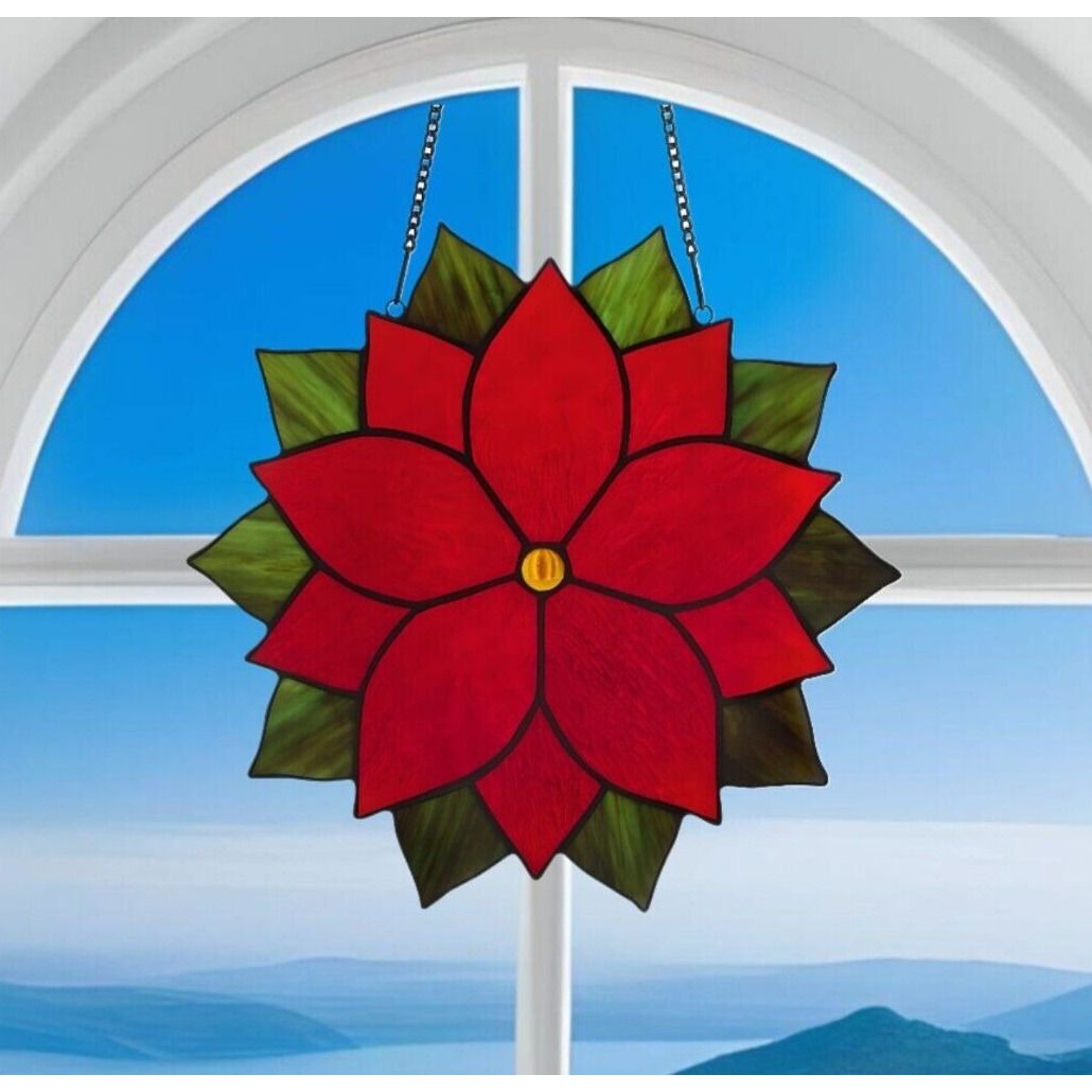 Poinsettia Round Stained Glass Window Panel Suncatcher Red and Green 12in