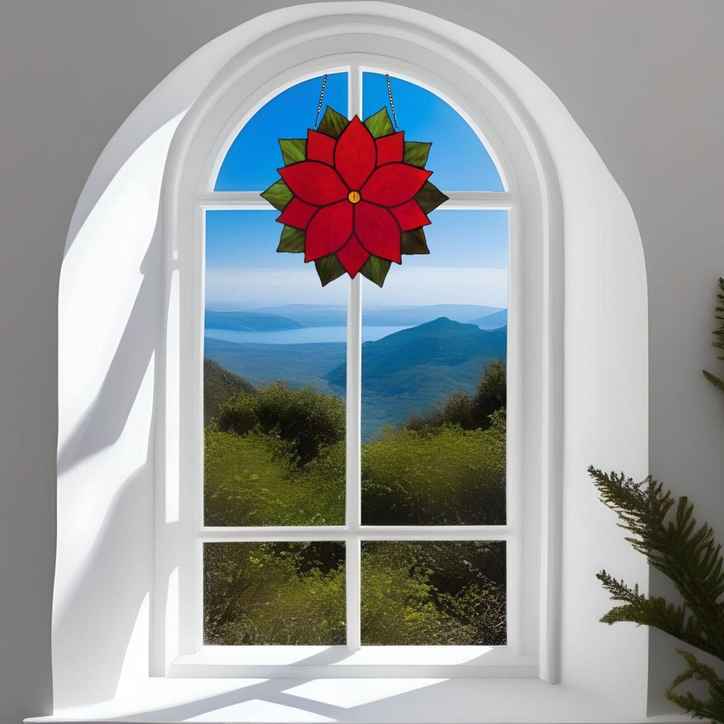 Poinsettia Round Stained Glass Window Panel Suncatcher Red and Green 12in