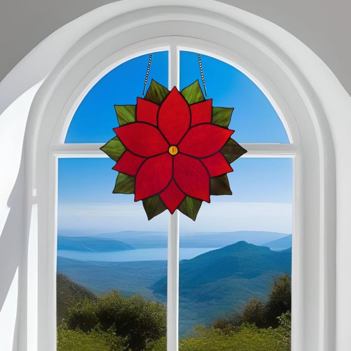 Poinsettia Round Stained Glass Window Panel Suncatcher Red and Green 12in