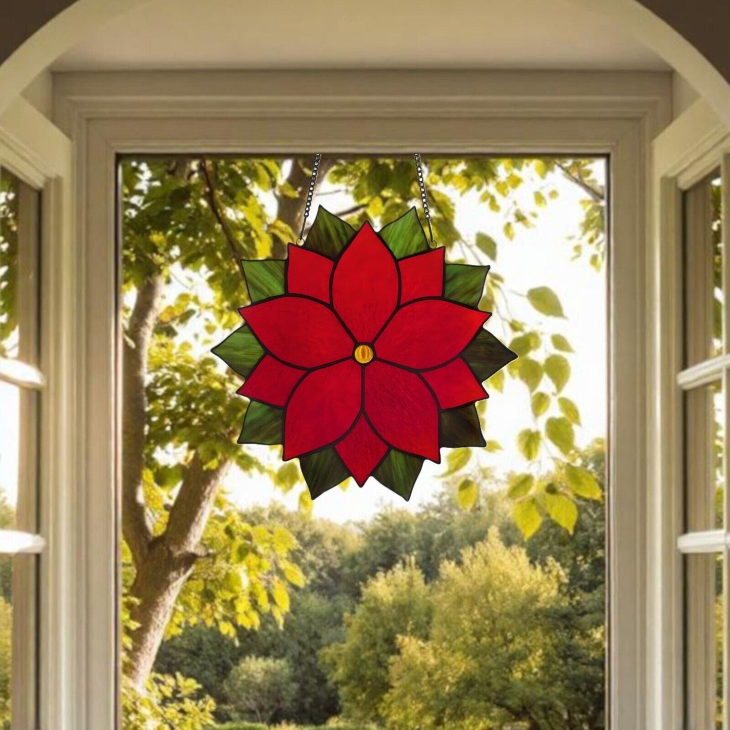 Poinsettia Round Stained Glass Window Panel Suncatcher Red and Green 12in