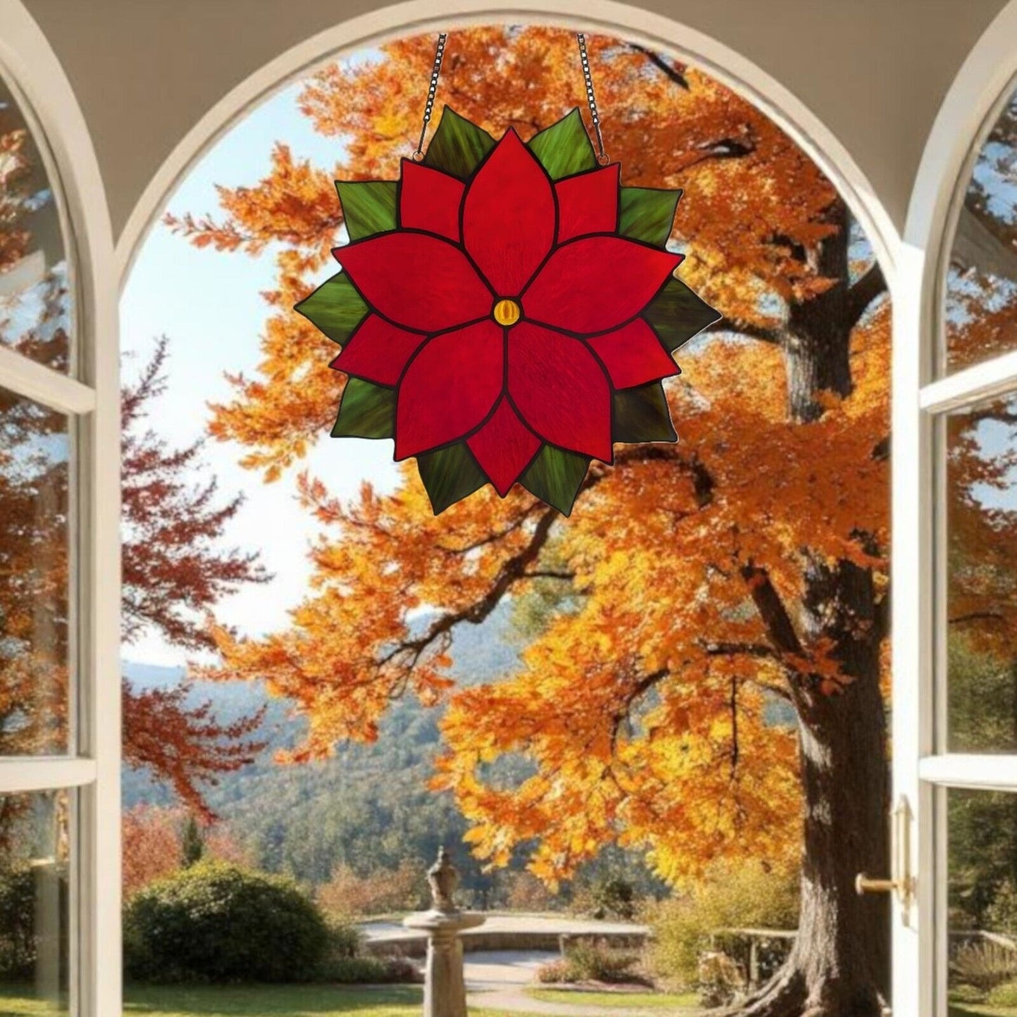 Poinsettia Round Stained Glass Window Panel Suncatcher Red and Green 12in