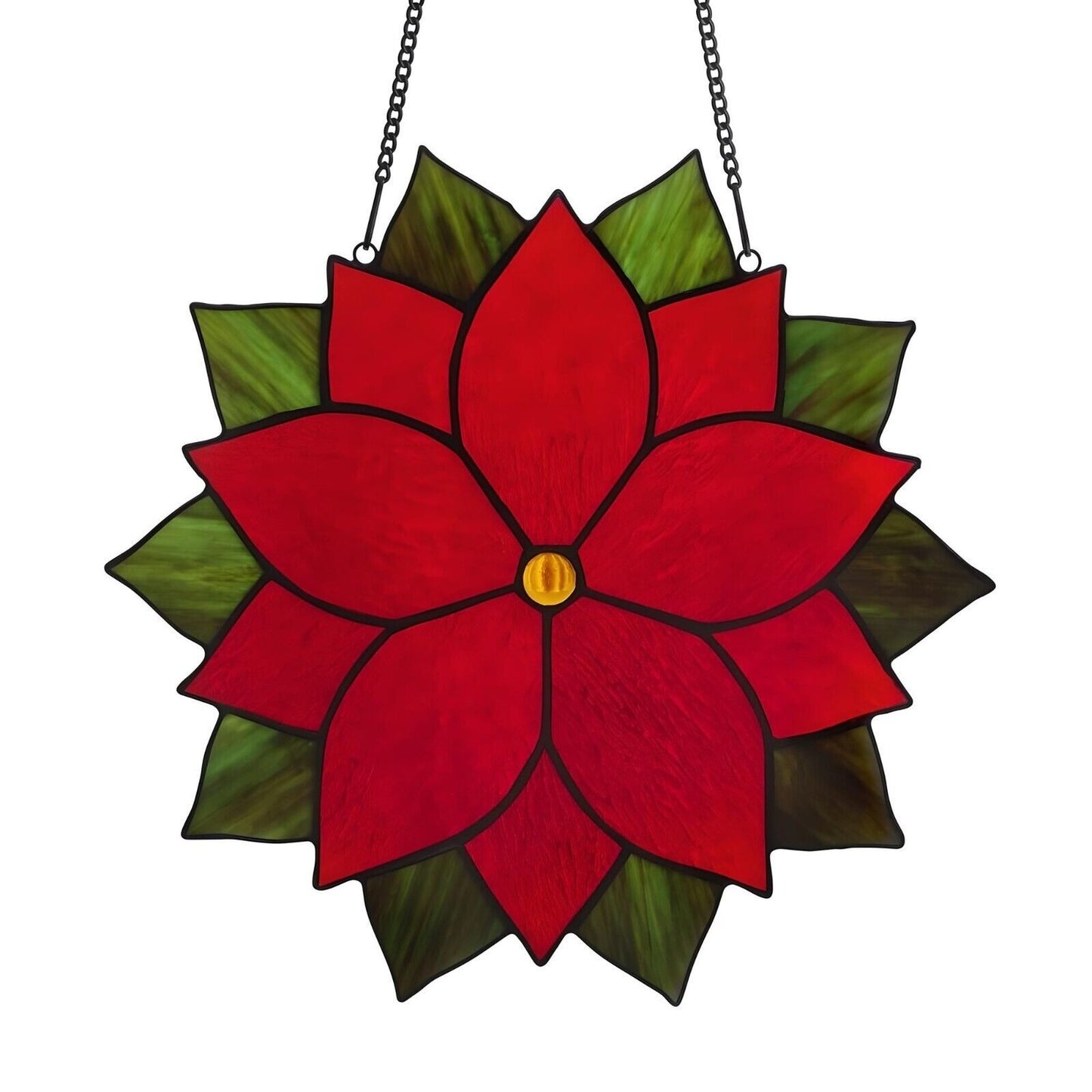 Poinsettia Round Stained Glass Window Panel Suncatcher Red and Green 12in