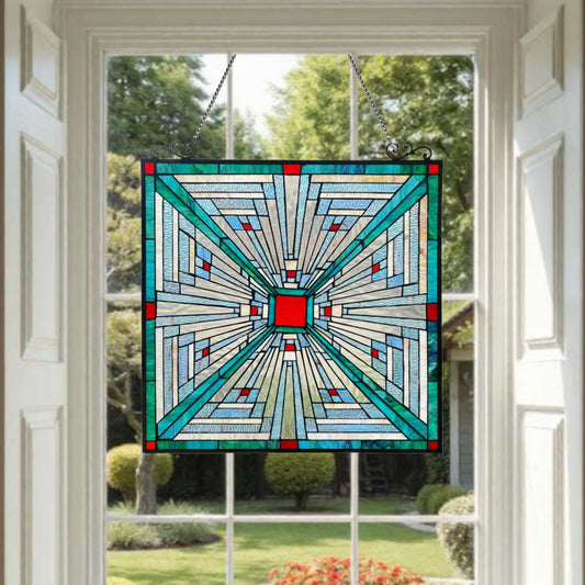 Hanging Suncatcher Window Panel Mission Tiffany Style Stained Glass 24x24in