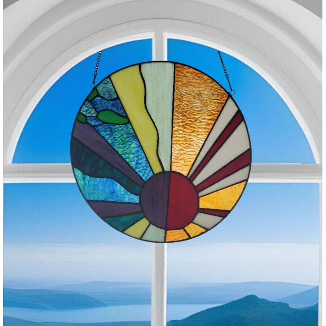 Round Tiffany Style Stained Glass Sunburst Suncatcher Window Panel 12.75in