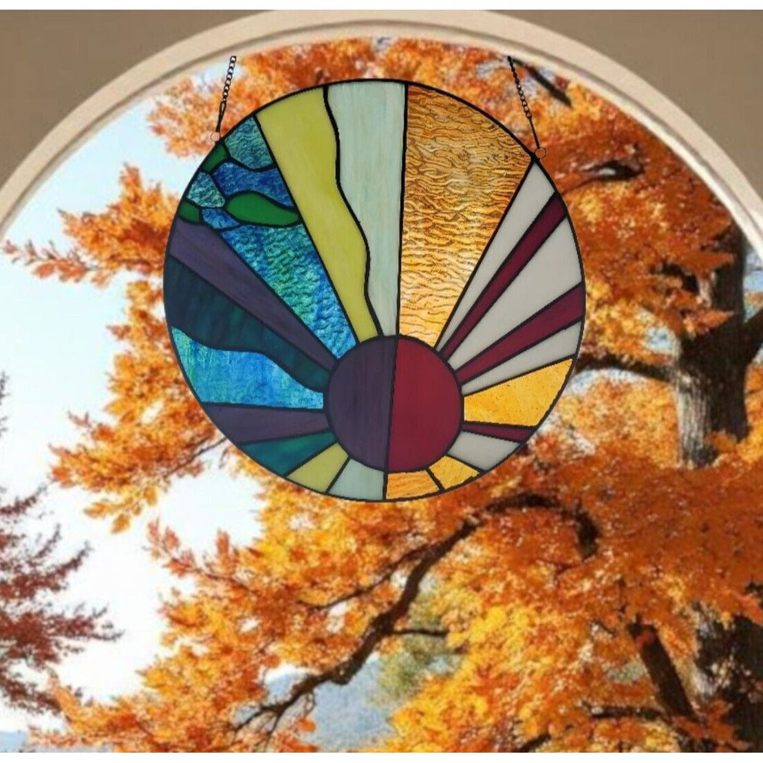 Round Tiffany Style Stained Glass Sunburst Suncatcher Window Panel 12.75in