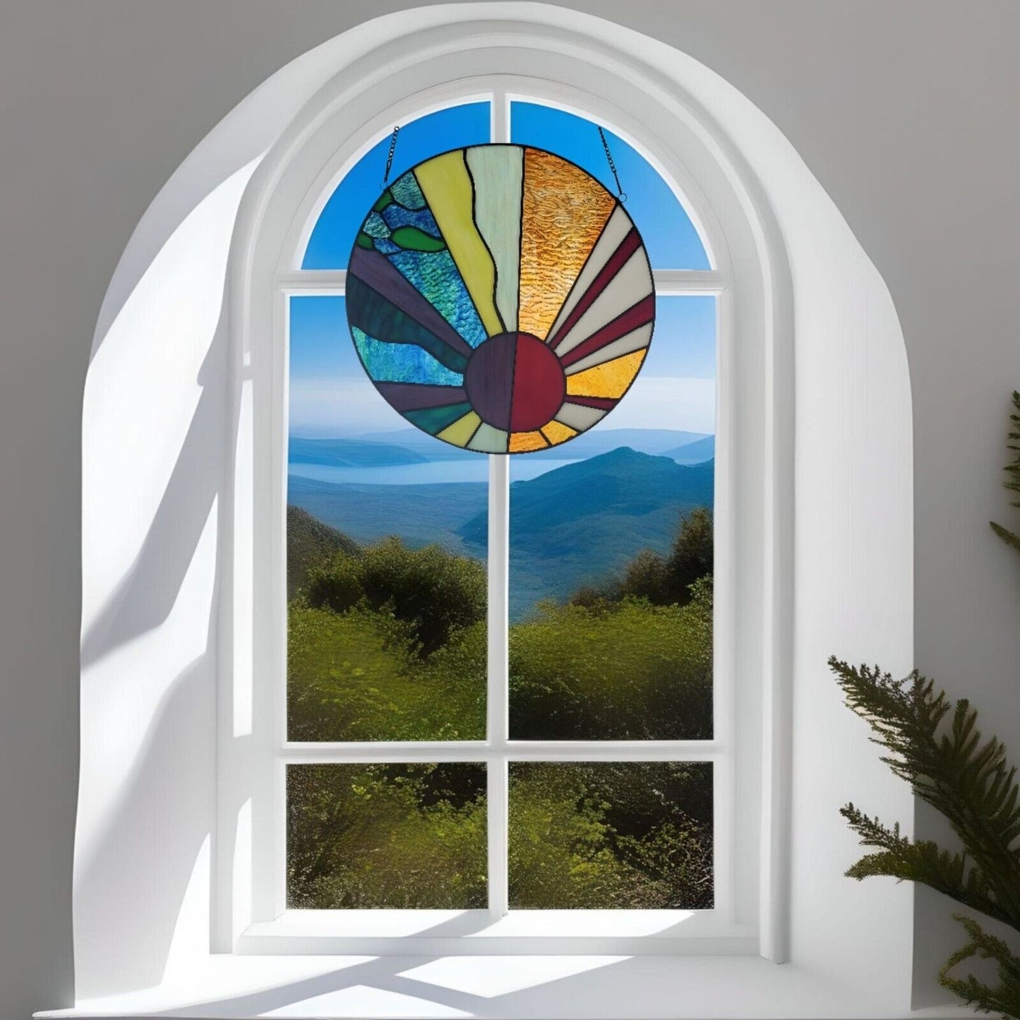 Round Tiffany Style Stained Glass Sunburst Suncatcher Window Panel 12.75in