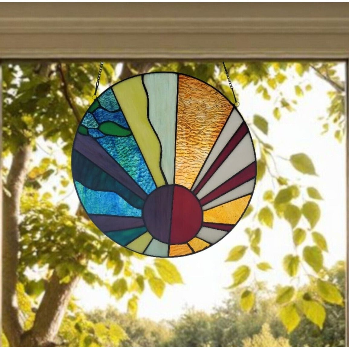 Round Tiffany Style Stained Glass Sunburst Suncatcher Window Panel 12.75in