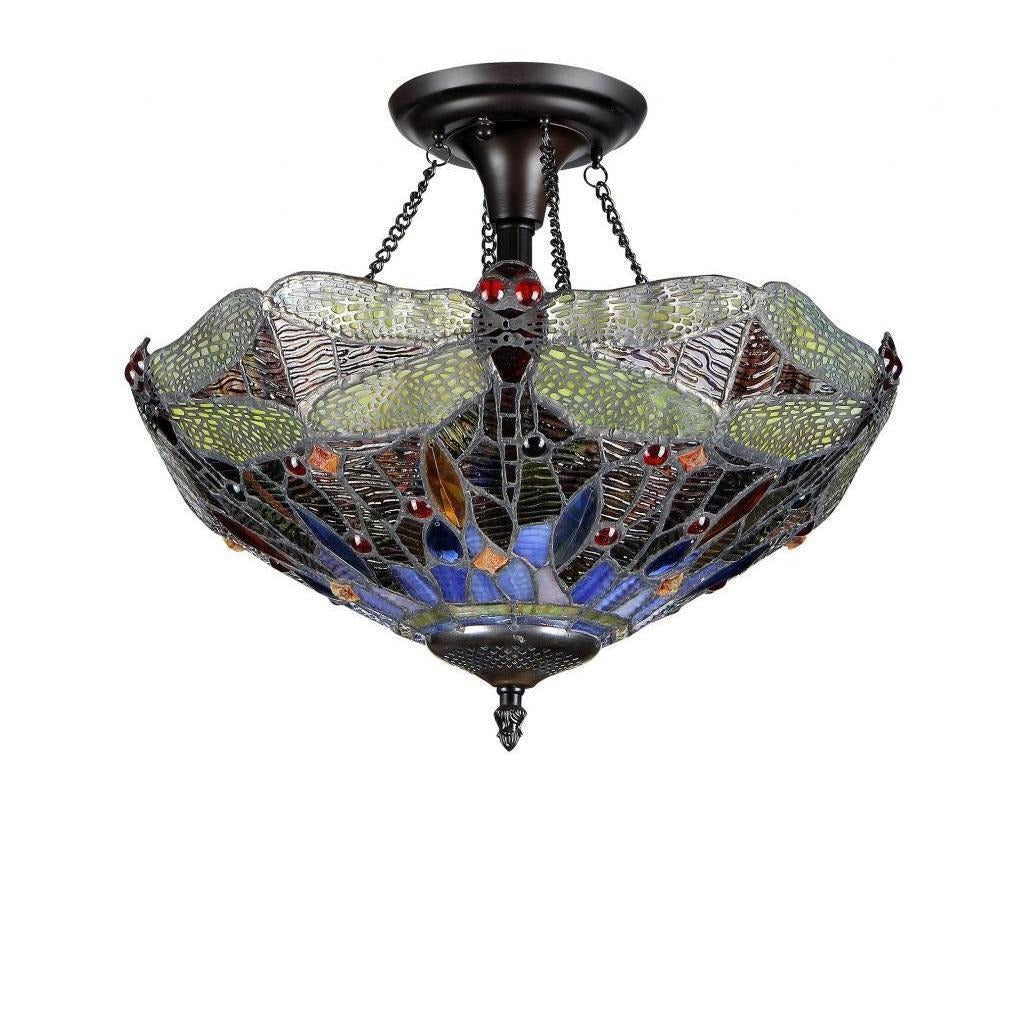 Maroon Tiffany Dragonfly Style Stained Glass Inverted Pendant Ceiling Light 16in