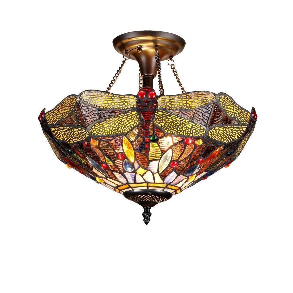 Maroon Tiffany Dragonfly Style Stained Glass Inverted Pendant Ceiling Light 16in