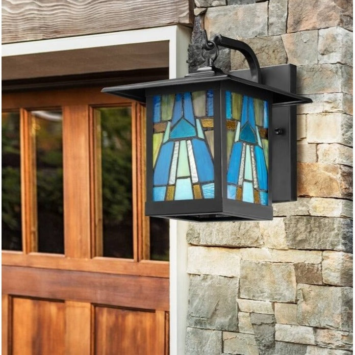 Aqua Blue Stained Glass Outdoor Lantern Wall Sconce Porch Light 4x6x10.25in