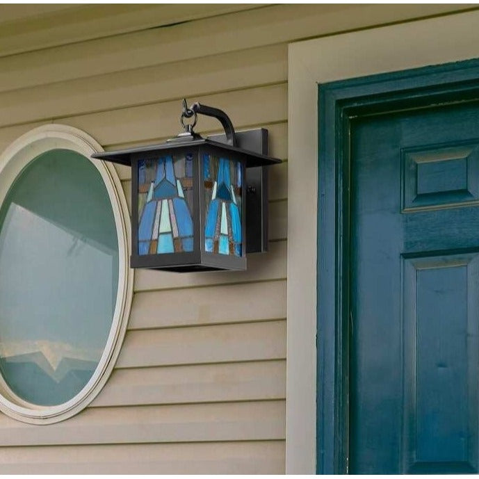 Aqua Blue Stained Glass Outdoor Lantern Wall Sconce Porch Light 4x6x10.25in