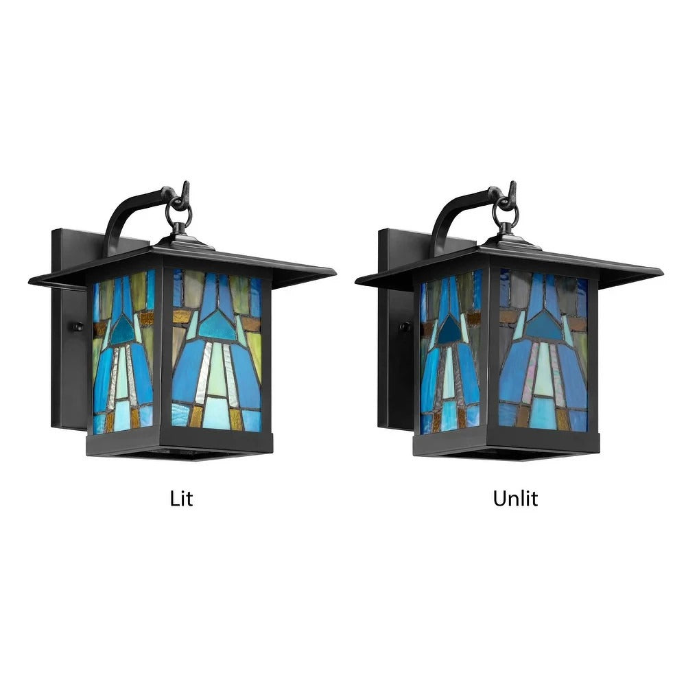 Aqua Blue Stained Glass Outdoor Lantern Wall Sconce Porch Light 4x6x10.25in