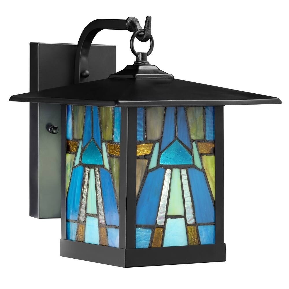 Aqua Blue Stained Glass Outdoor Lantern Wall Sconce Porch Light 4x6x10.25in