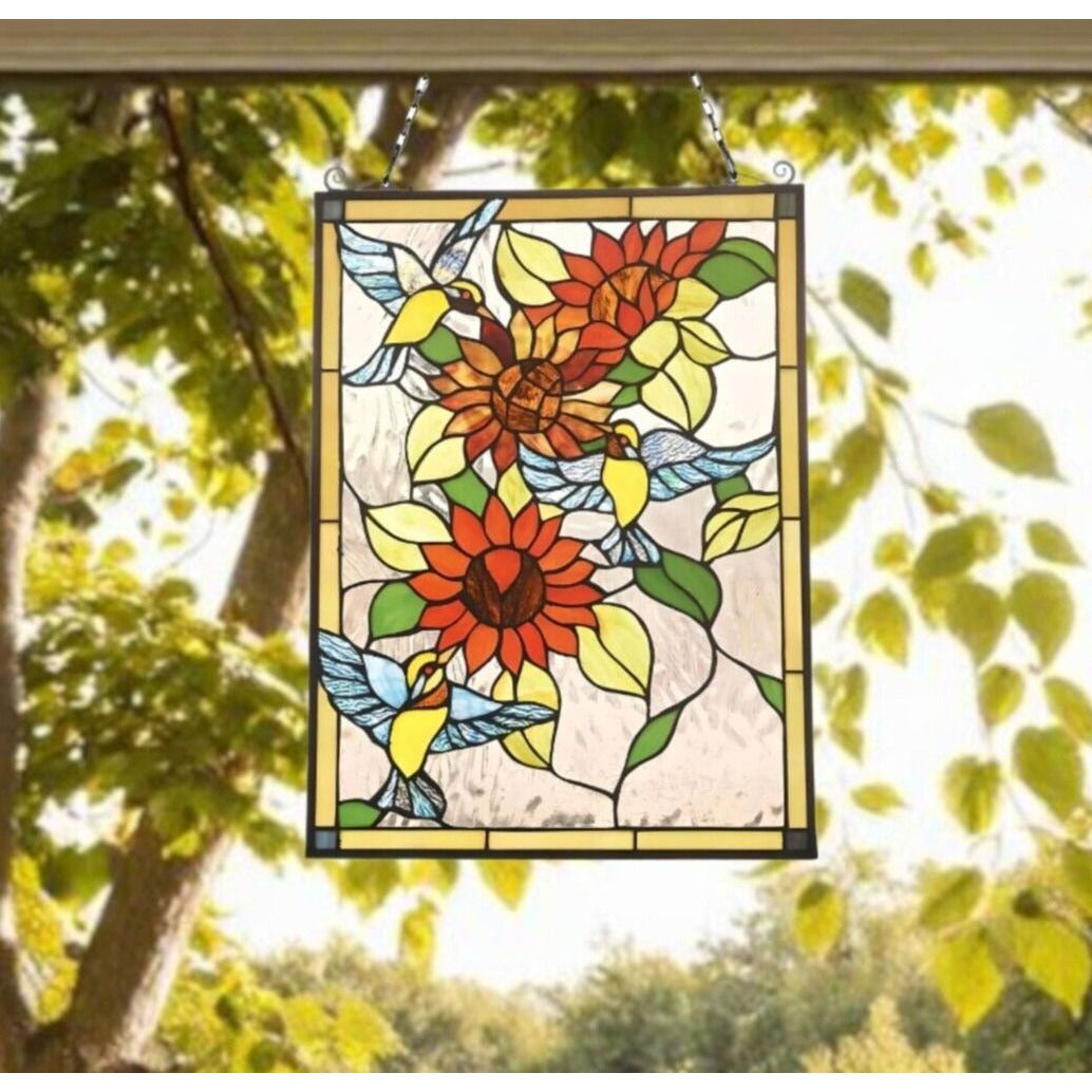 Hummingbird Lilly Tiffany Style Stained Glass Suncatcher Hanging Window Panel