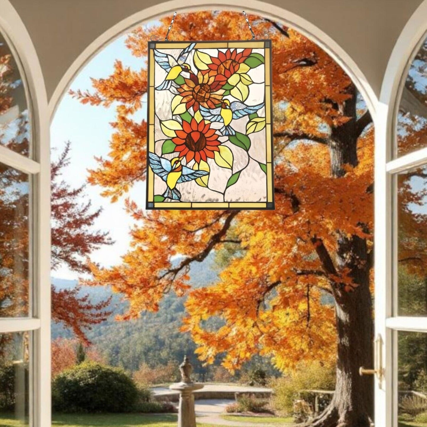 Hummingbird Lilly Tiffany Style Stained Glass Suncatcher Hanging Window Panel