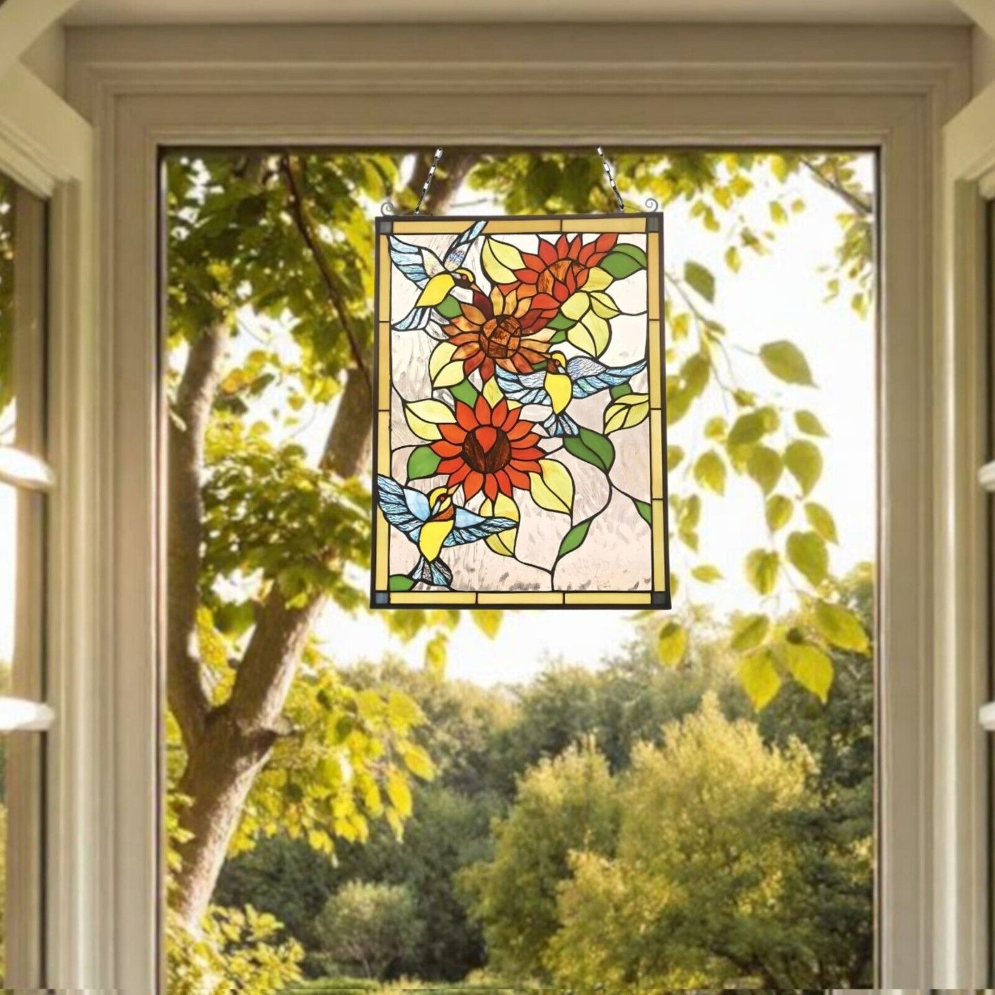 Hummingbird Lilly Tiffany Style Stained Glass Suncatcher Hanging Window Panel