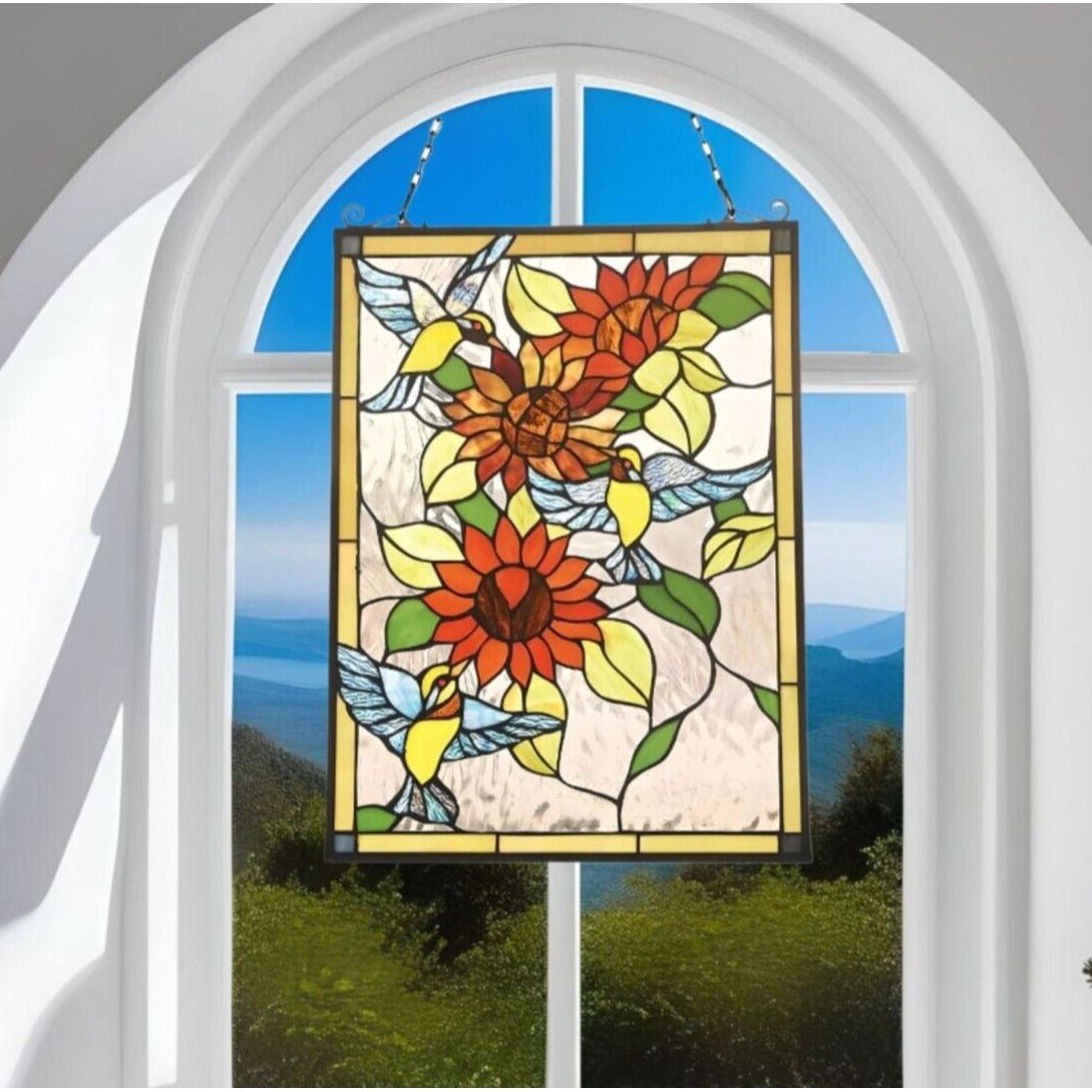 Hummingbird Lilly Tiffany Style Stained Glass Suncatcher Hanging Window Panel