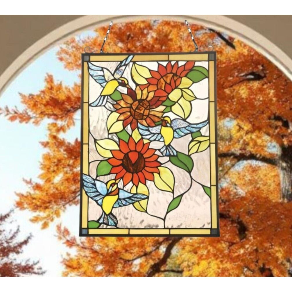 Hummingbird Lilly Tiffany Style Stained Glass Suncatcher Hanging Window Panel