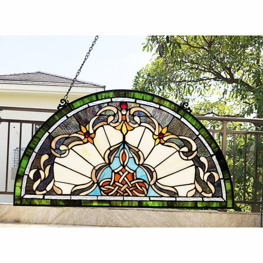 Tiffany Style Stained Glass Semi Circle Window Panel Hanging Suncatcher 12x24in