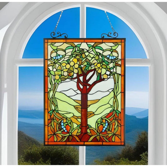 Tree of Life Stained Glass Window Panel Suncatcher Vibrant Spring Tones 18x25in